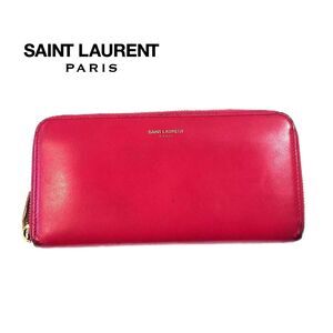 Saint Laurent (Authentic) Electric Pink Leather & Gold Zippy Long Wallet, VGUC